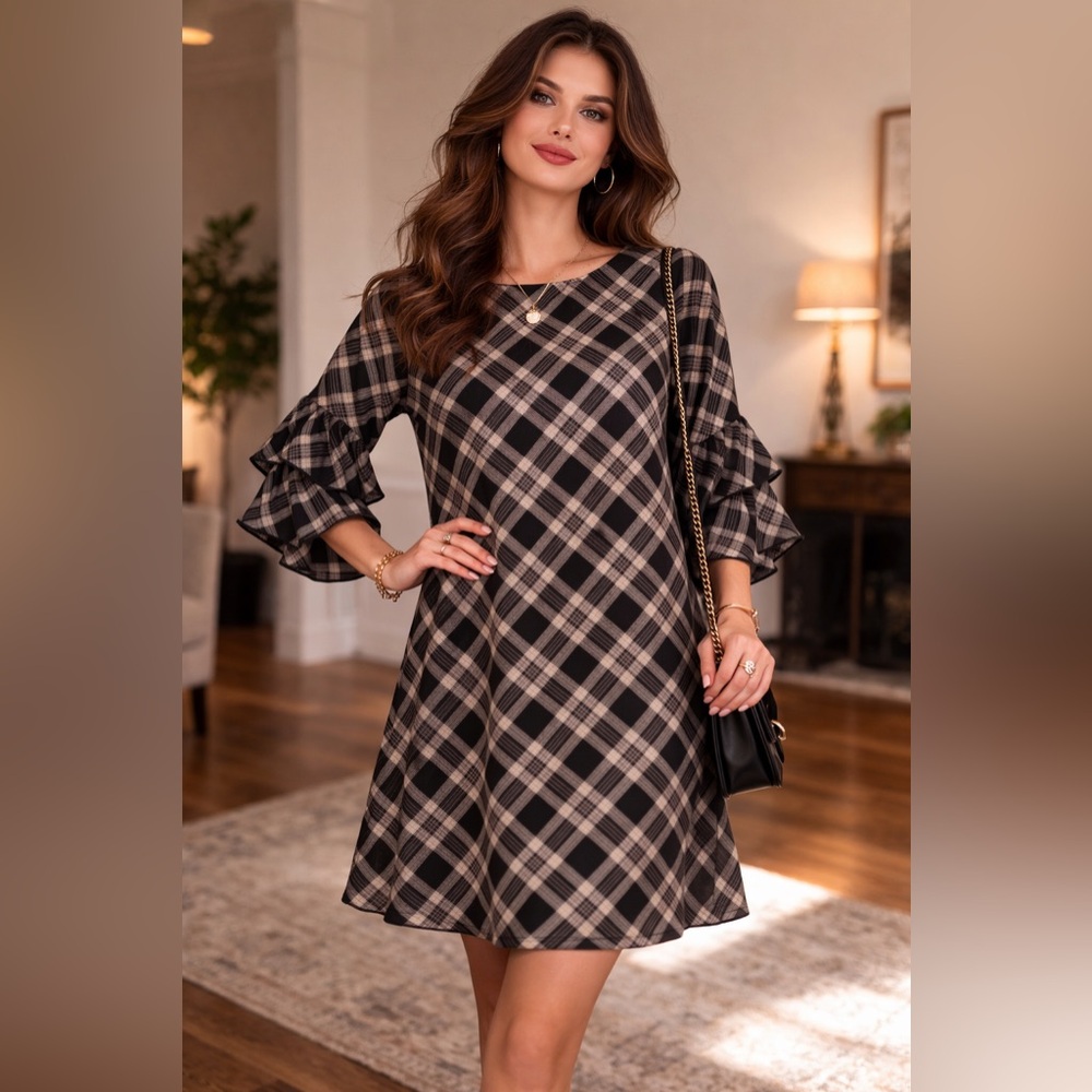 Les Amis Casual Plaid Dress Flutter Sleeve Knee Length Lightweight Size Medium